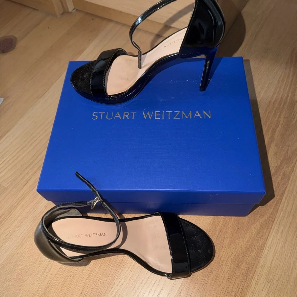 Stuart Weitzman Black Patent Leather Ankle-Strap Stilettos